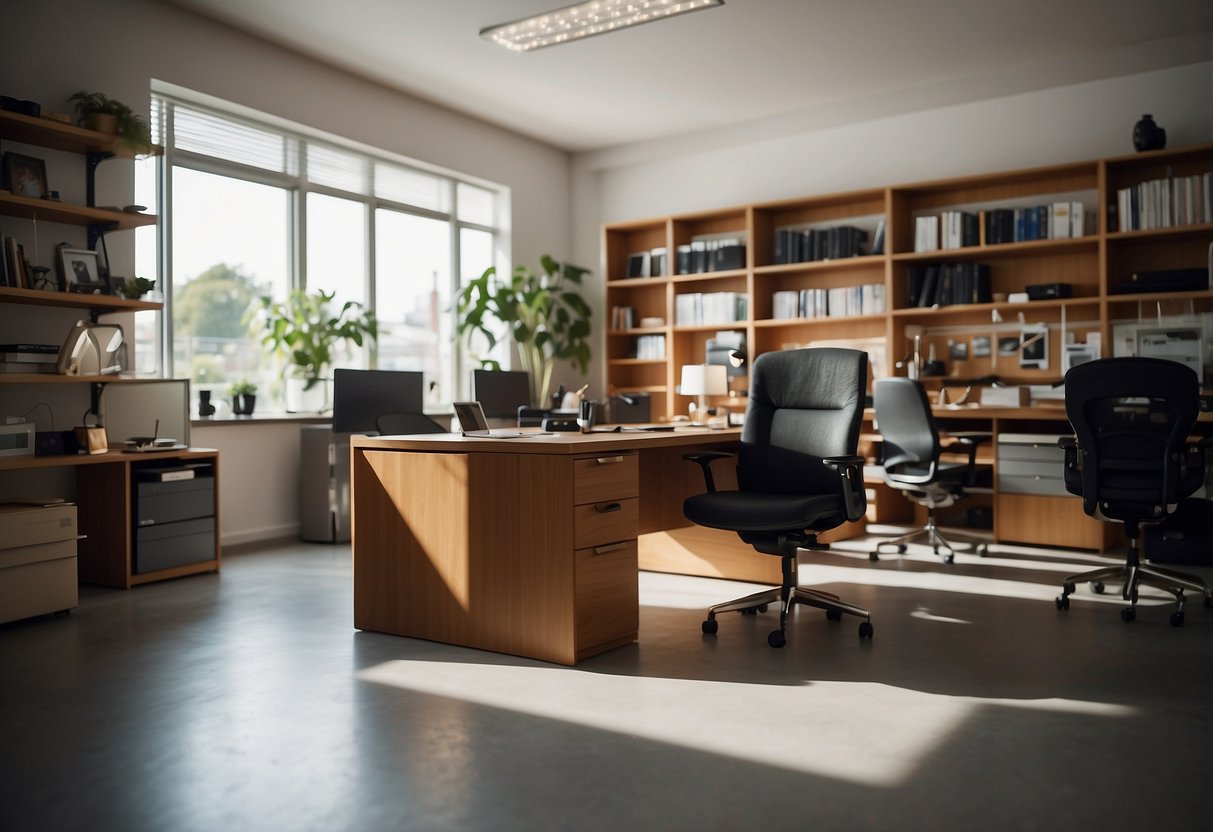 A room filled with various furniture and fittings, such as desks, chairs, and shelves, arranged neatly and ready for use