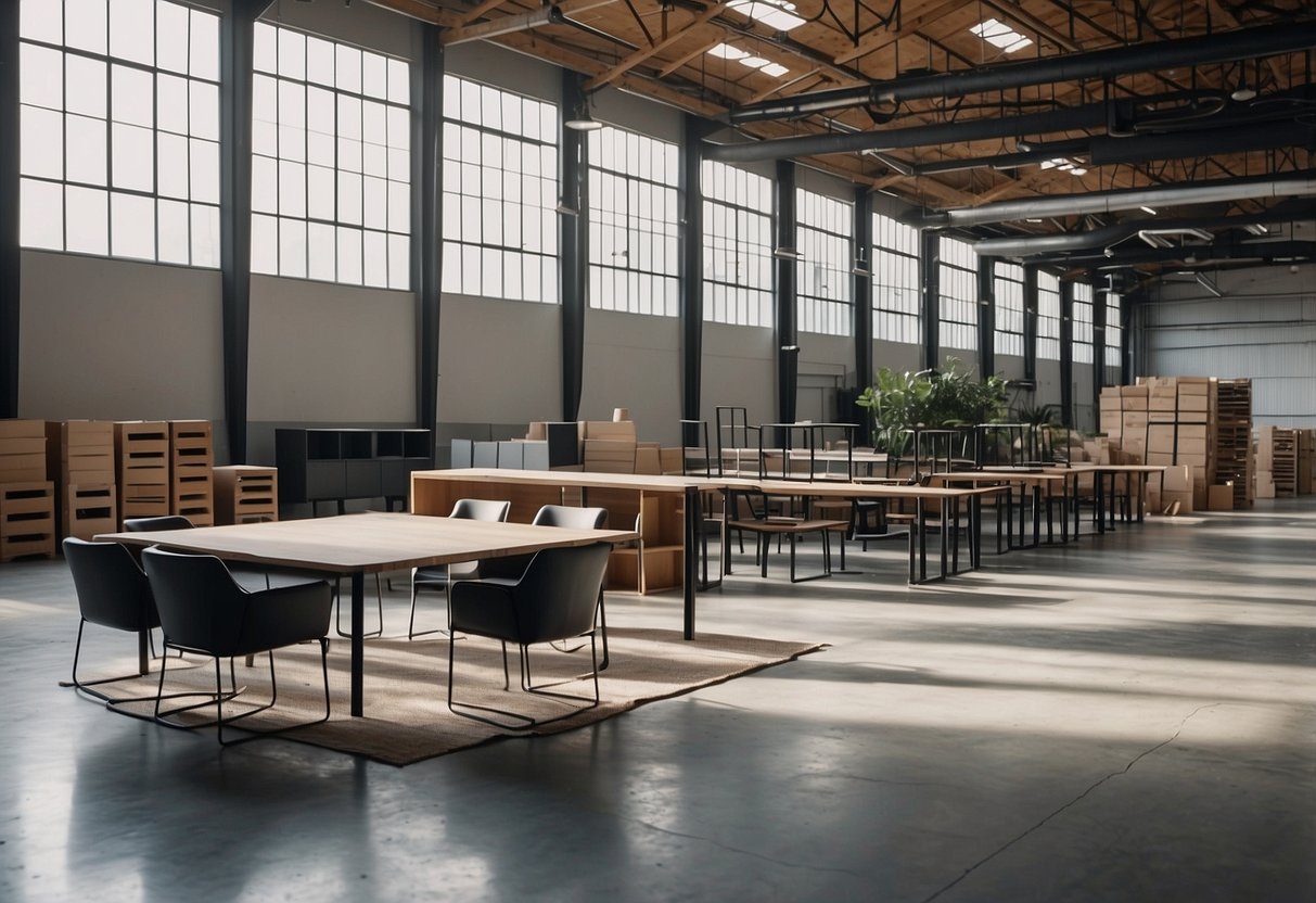 A spacious warehouse with modern, custom industrial furniture arranged in a minimalist, yet functional layout. Large windows let in natural light, highlighting the sleek metal and wood designs