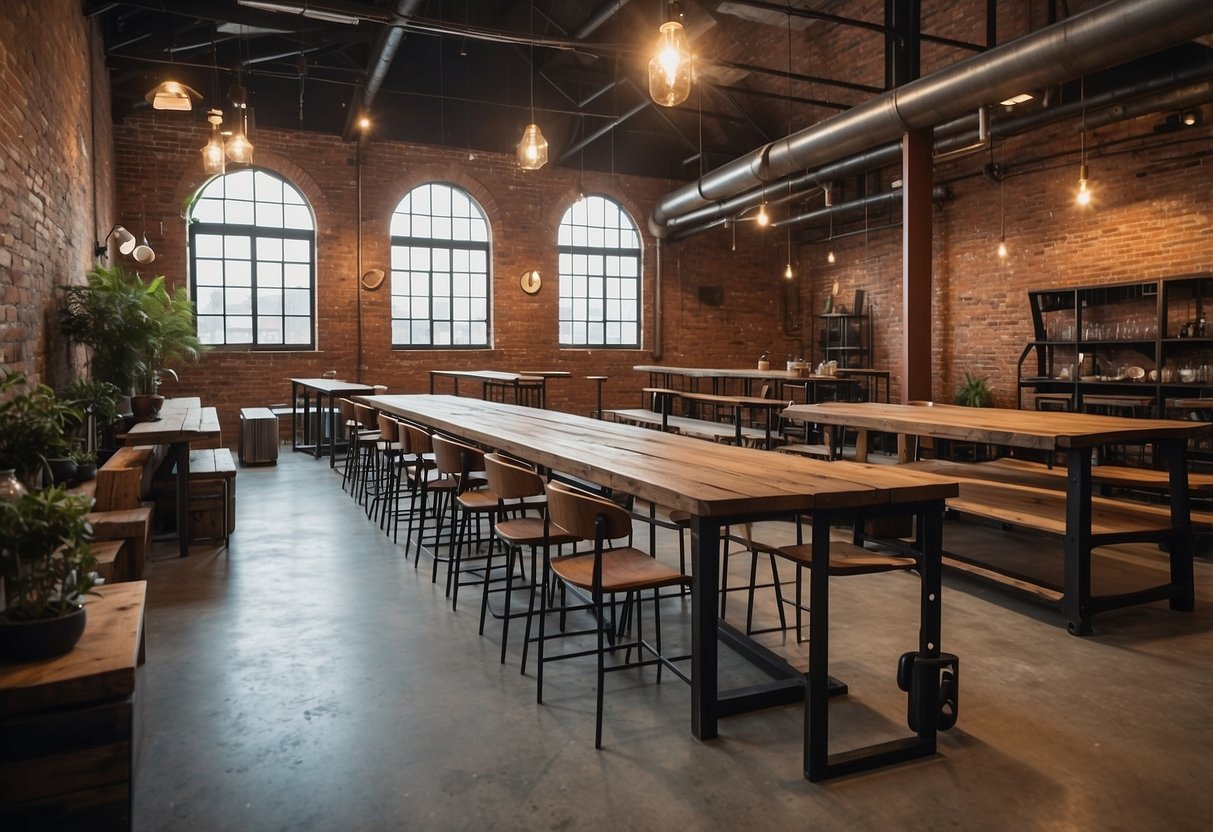 A rustic warehouse with exposed brick walls and metal beams, filled with custom industrial furniture like reclaimed wood tables and metal chairs