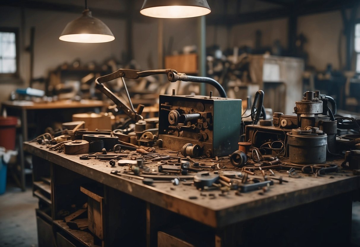 A cluttered workshop with metal scraps, welding equipment, and unfinished furniture. A mix of raw materials and tools scattered around