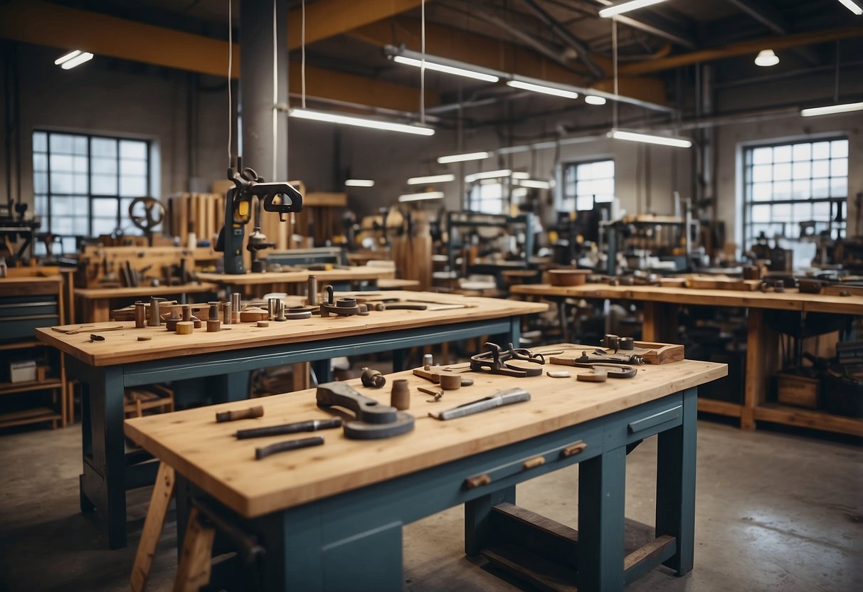 A busy workshop with workers crafting custom industrial furniture. Tools and materials scattered around. Finished pieces on display