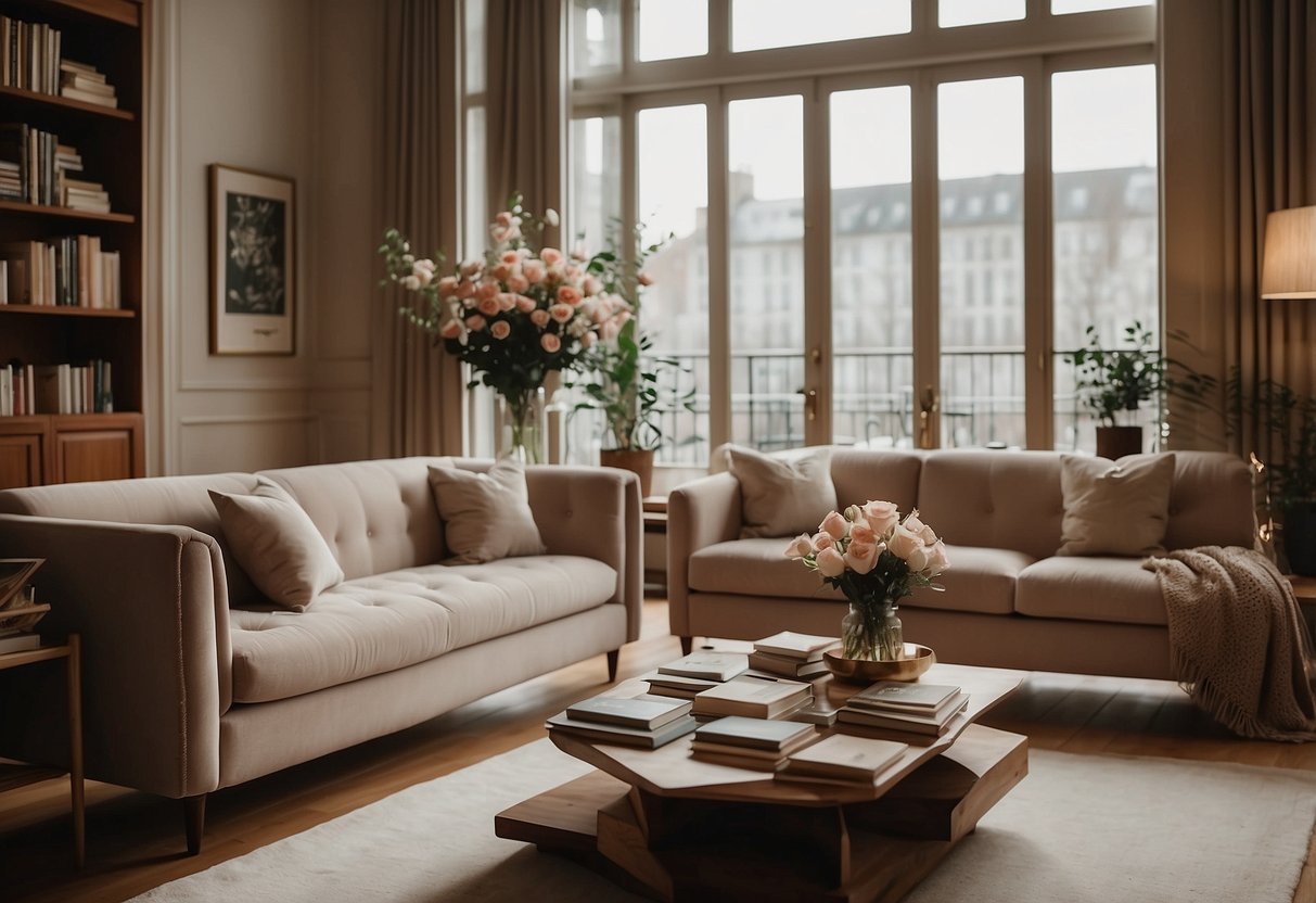 A cozy living room with elegant rosebery furniture, soft lighting, and a warm color palette. A plush sofa, a coffee table adorned with fresh flowers, and a bookshelf filled with classic novels create a welcoming and sophisticated atmosphere