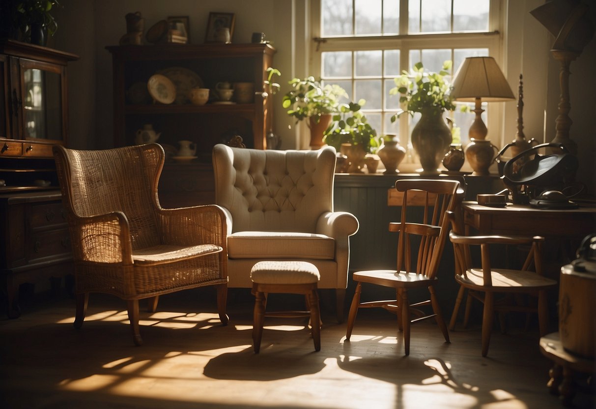 Various second-hand furniture items arranged in a cluttered but inviting display, including chairs, tables, and shelves. Sunlight filters through the window, casting warm shadows on the worn but charming pieces