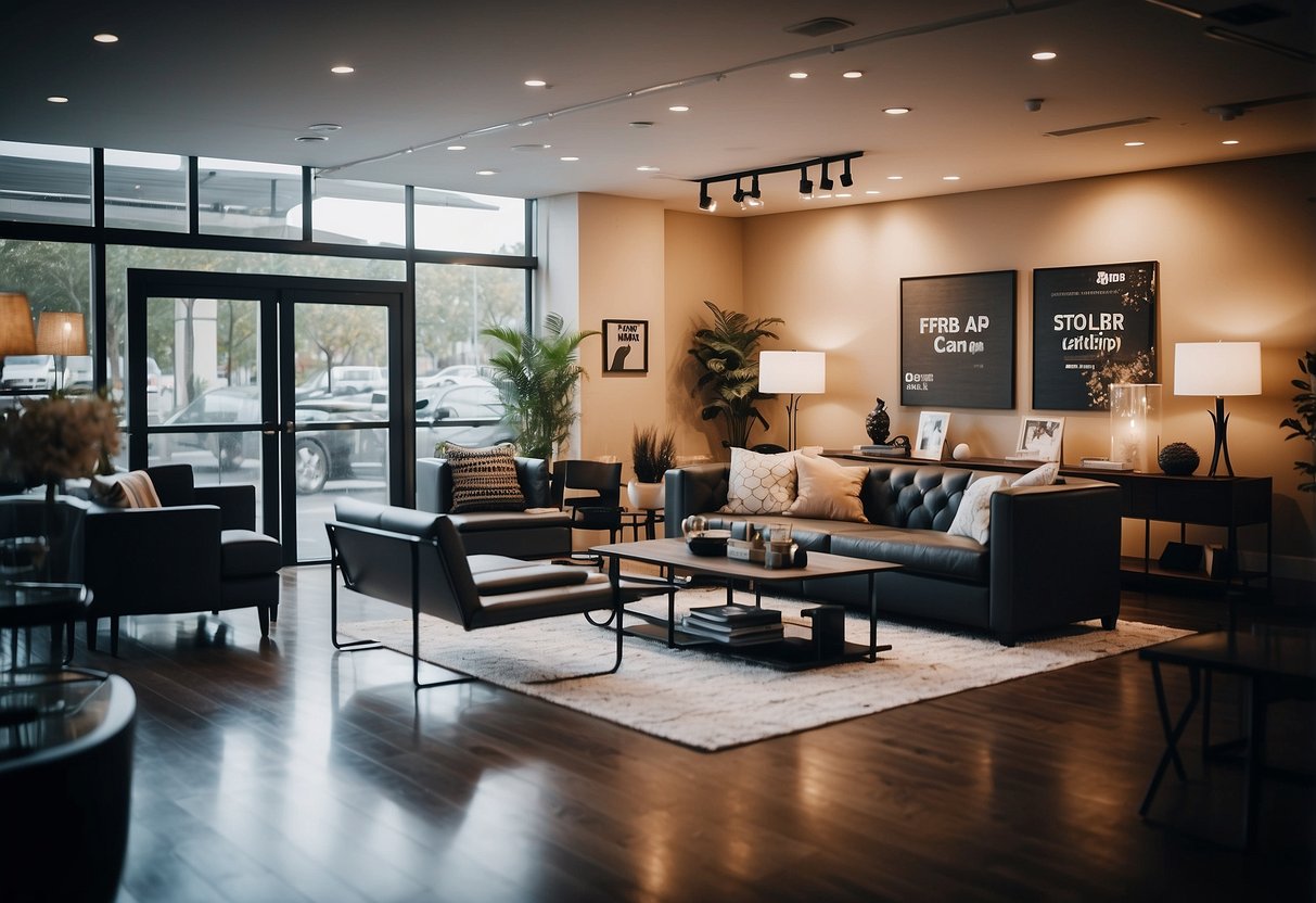 A room filled with modern furniture, with a prominent "Frequently Asked Questions" sign displayed at the entrance of the store