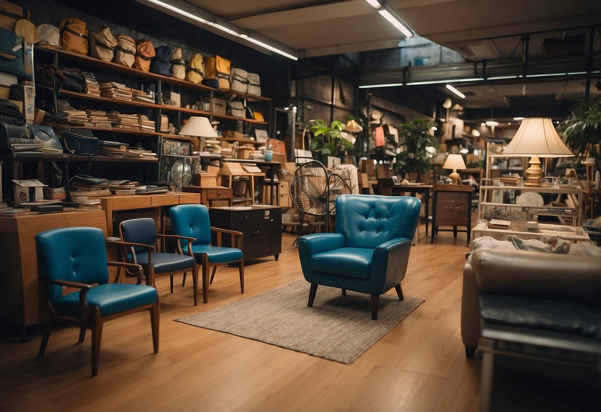 A cluttered Singaporean shop displays second-hand furniture for sale. Items include chairs, tables, and shelves, with prices marked on tags