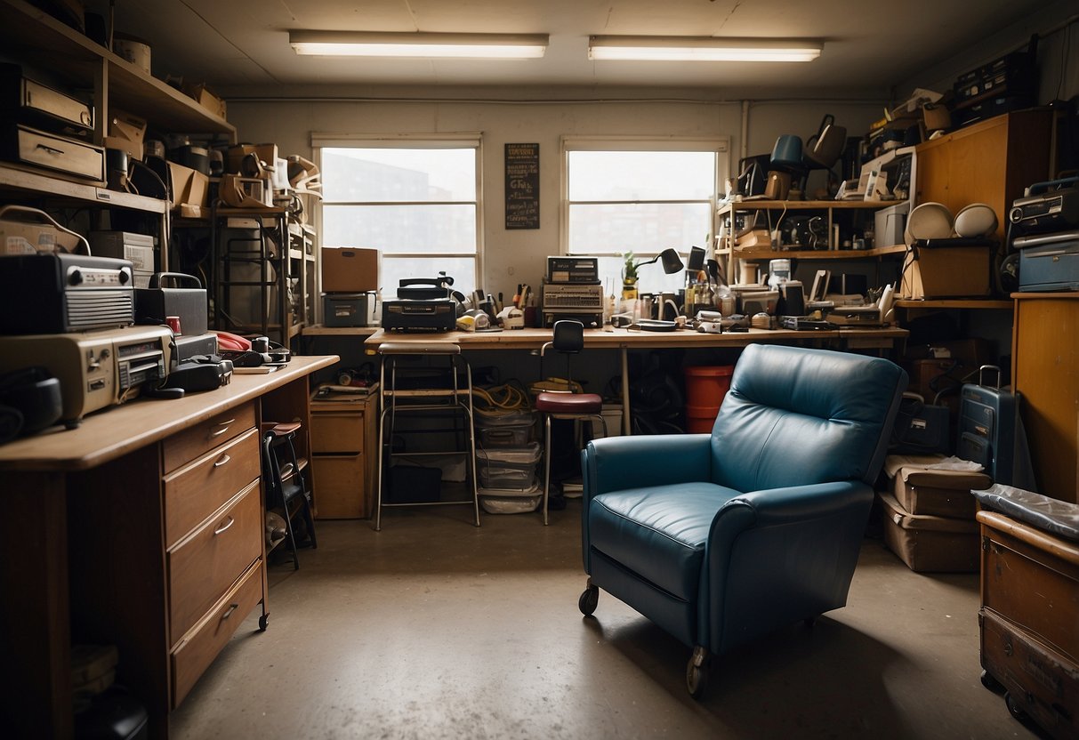 A cluttered garage with various second-hand furniture items for sale, including chairs, tables, and cabinets. A sign reads "Second Hand Furniture for Sale" in bold letters