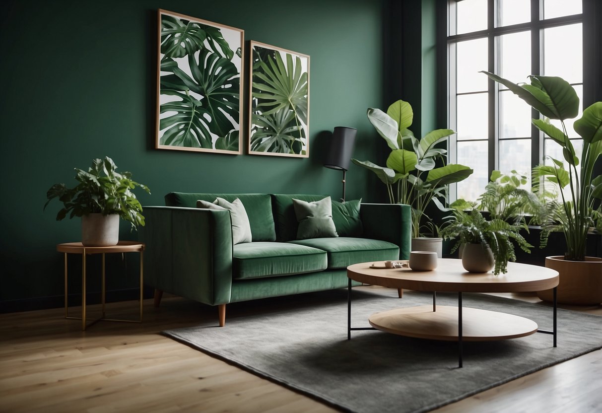 Green furniture fills the room, from a plush sofa to a sleek armchair and a sturdy wooden table. The walls are adorned with leafy plant prints, adding to the natural ambiance