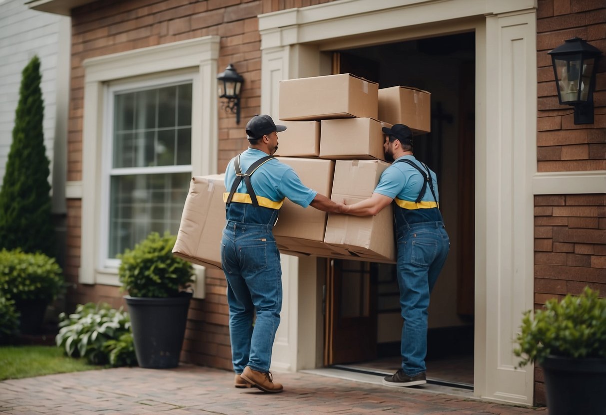 Furniture movers lifting and carrying heavy items through a doorway