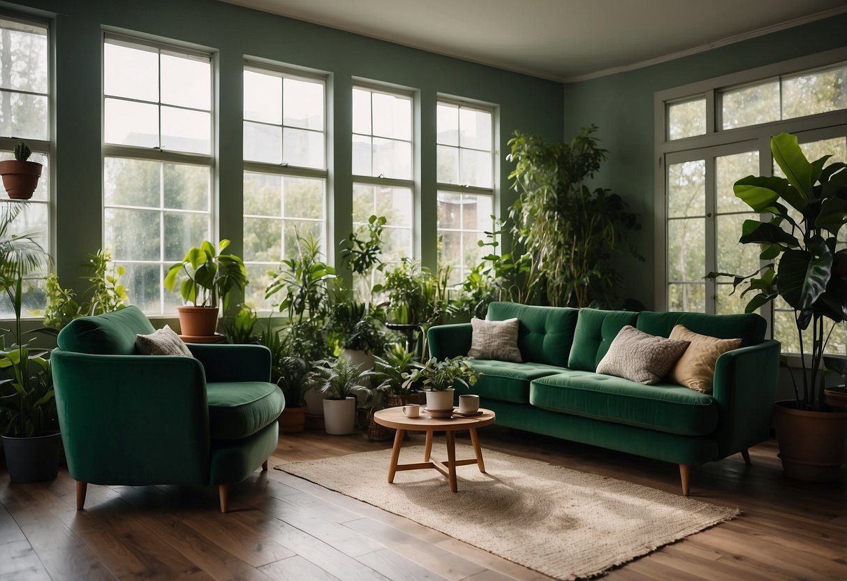 A living room with a green sofa and chair, surrounded by plants and natural light