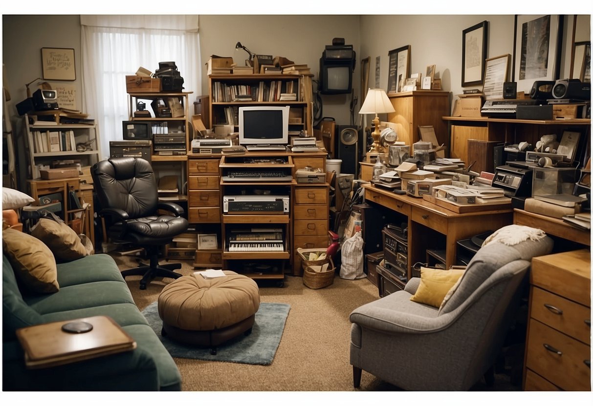 A cluttered room with various second-hand furniture items. A sign reads "Frequently Asked Questions" for sale. Items are arranged in an organized manner
