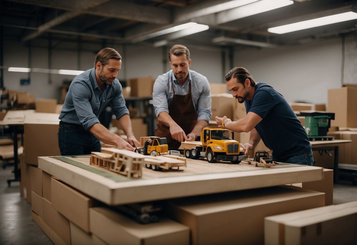 Furniture movers strategize and plan their next move, surrounded by various pieces of furniture and equipment