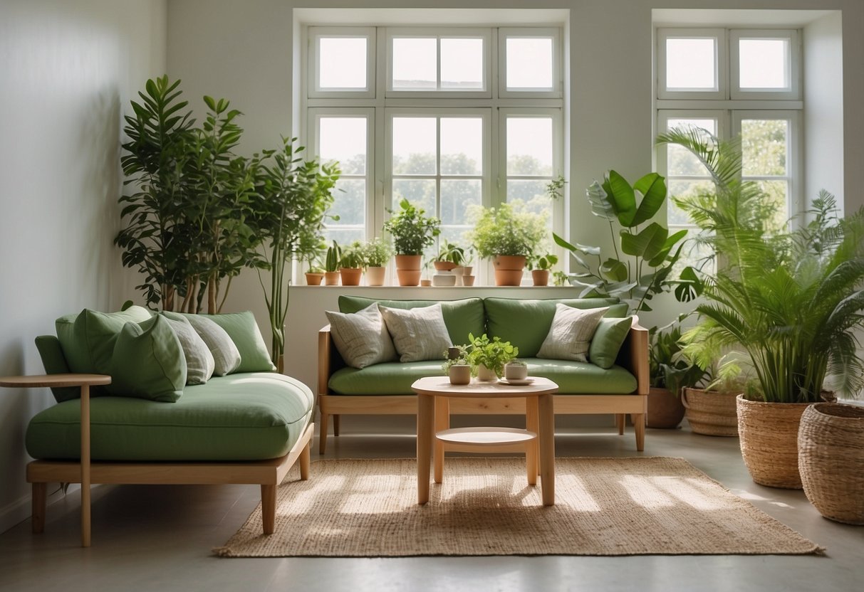A bright, airy room with sustainable, green furniture, made from recycled materials. Plants and natural light add to the eco-friendly ambiance