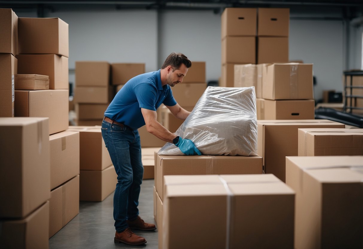 Furniture being wrapped in protective materials and placed in moving boxes