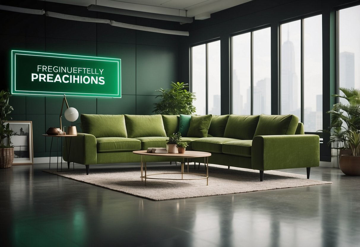 A room with green furniture arranged neatly, with a sign reading "Frequently Asked Questions" displayed prominently