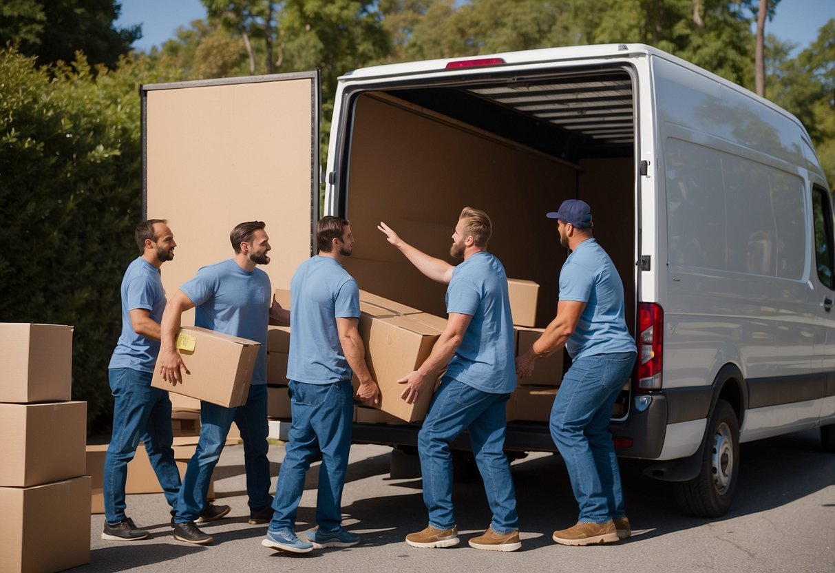 A group of movers carefully lifting and transporting furniture through a doorway, while customers ask questions about the process