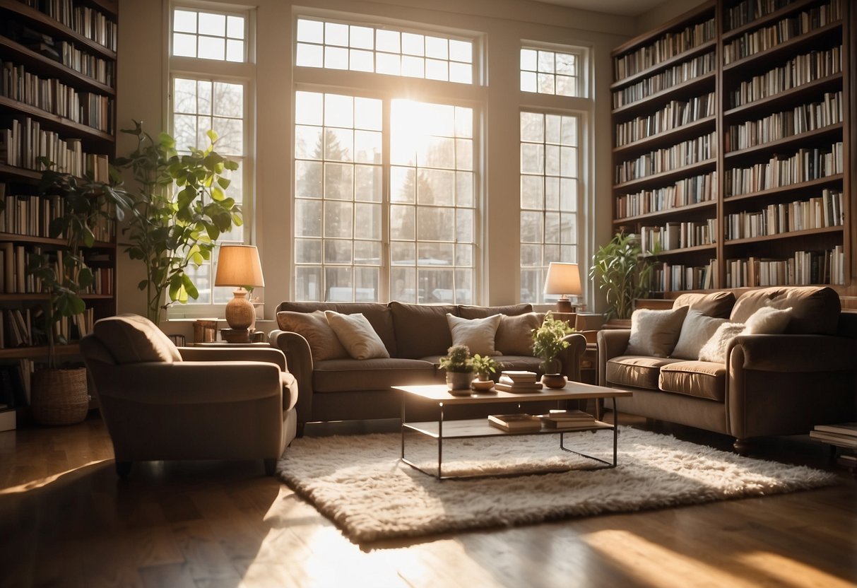 A cozy living room with a large sofa, coffee table, and bookshelves filled with books. A soft rug lies on the floor, and warm sunlight streams in through the windows