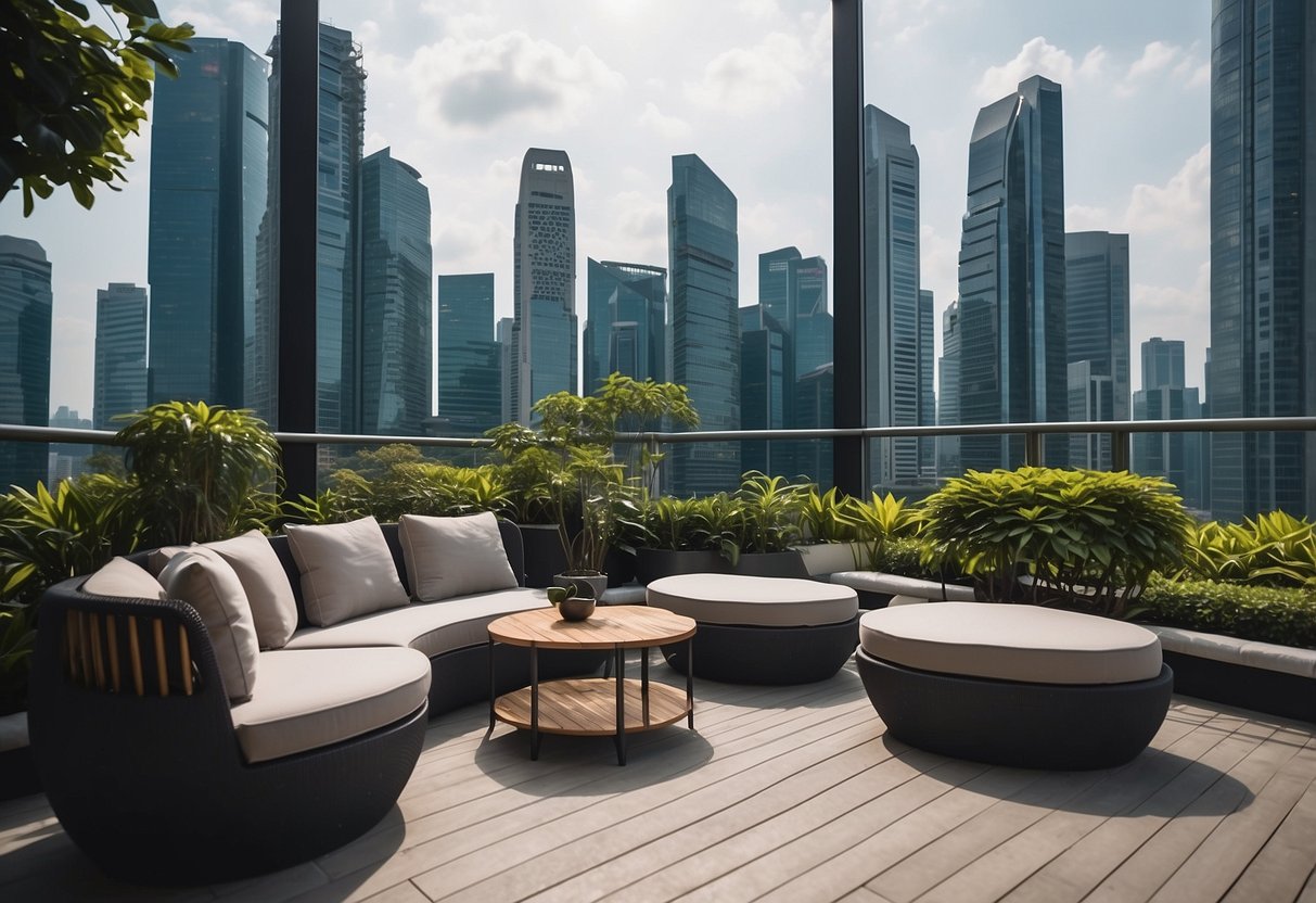 A modern outdoor setting in Singapore with sleek designer furniture, surrounded by lush greenery and a backdrop of city skyline