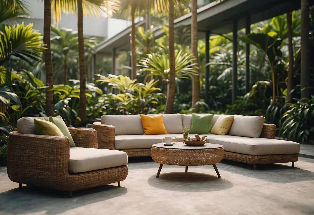 A modern outdoor furniture set in a lush Singapore garden, with sleek lines and vibrant colors, surrounded by tropical plants and bathed in warm sunlight