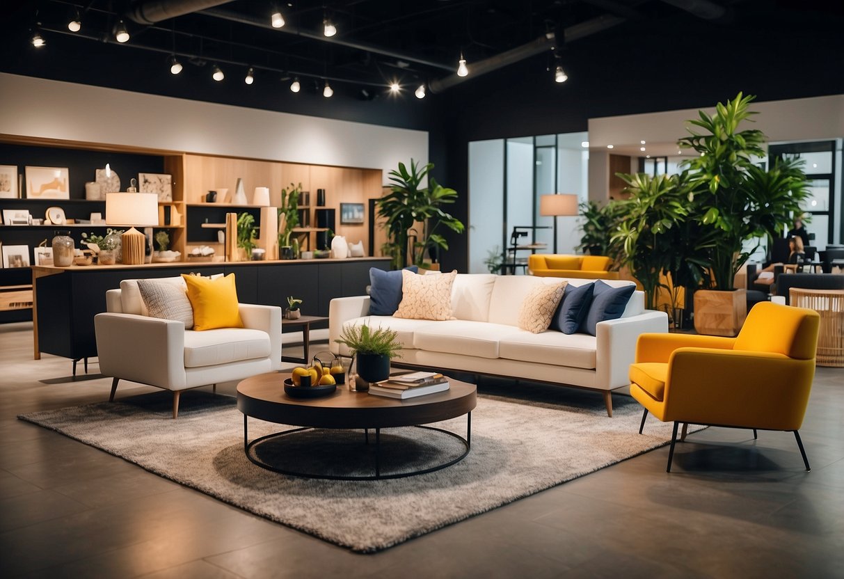 A well-lit showroom with modern furniture displays. Clean lines and vibrant colors create an inviting atmosphere for shoppers