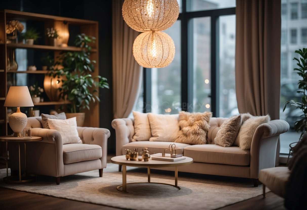 A cozy furniture shop with dreamy decor and soft lighting. Displayed items include plush sofas, elegant bed frames, and whimsical decorative pieces