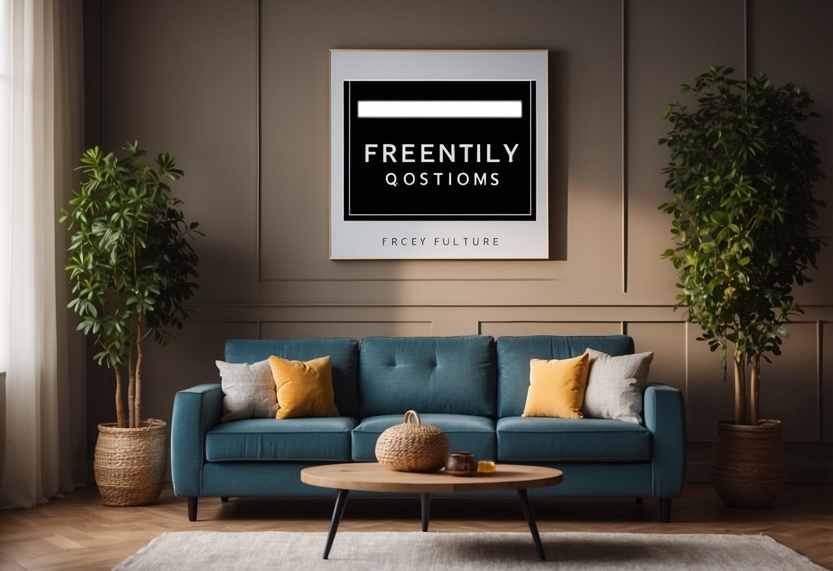 A cozy furniture shop with a sign "Frequently Asked Questions" and a display of home furniture