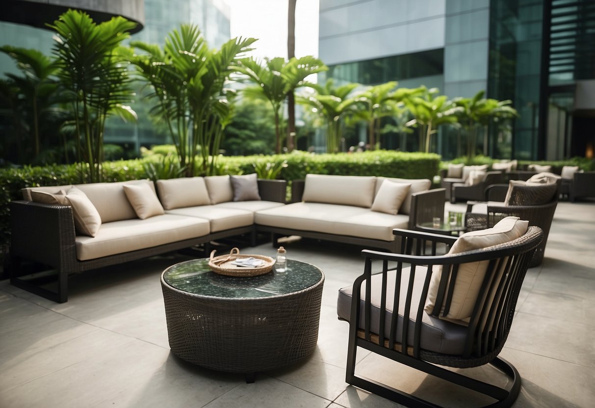 A modern outdoor furniture showroom in Singapore, with sleek designs and comfortable seating options. Lush greenery and natural lighting create a welcoming atmosphere