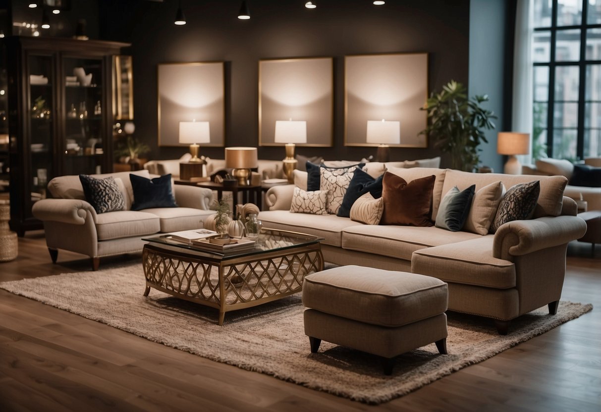 A cozy furniture shop with elegant displays and warm lighting. Various pieces of furniture are showcased, including sofas, tables, and chairs