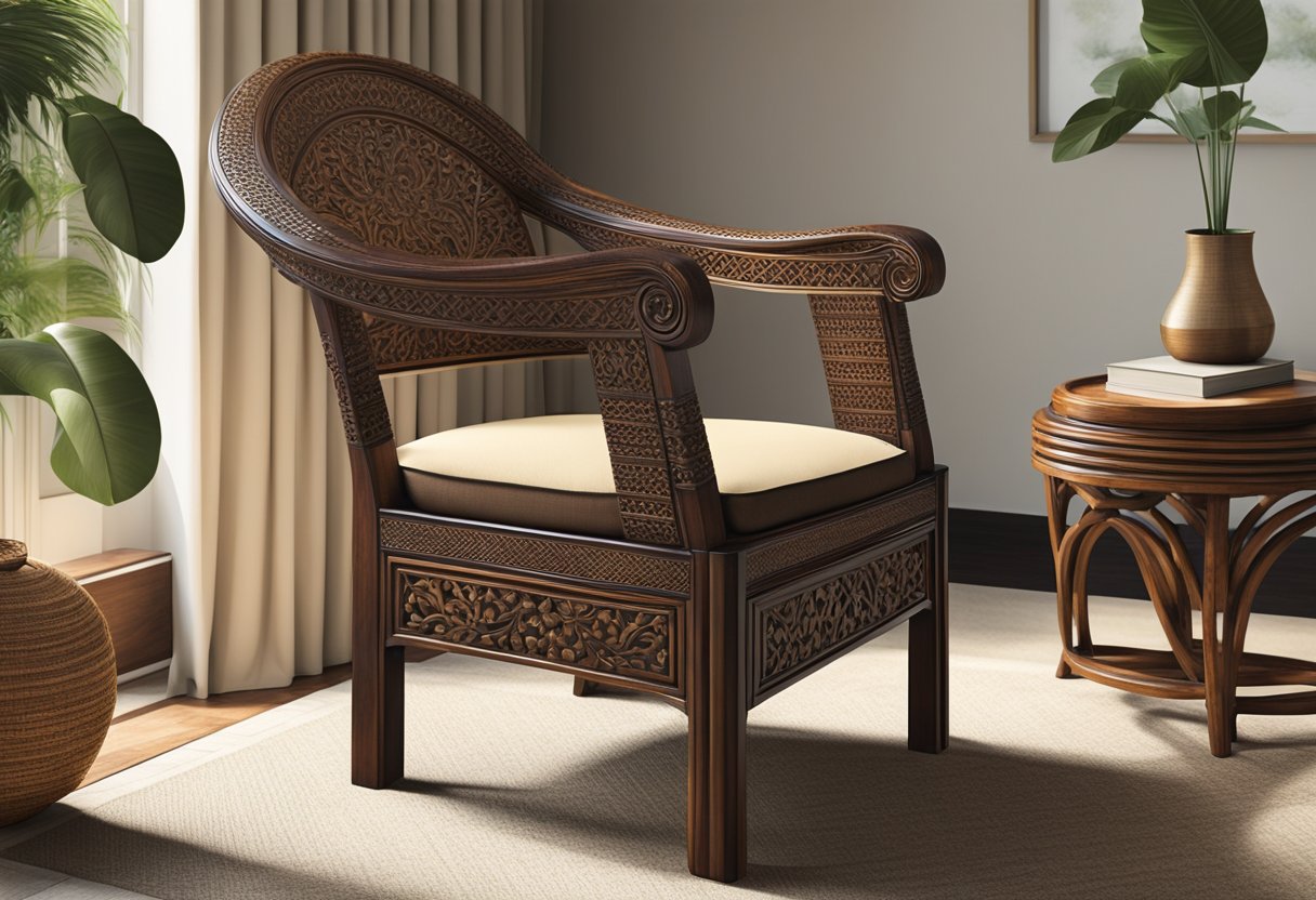A traditional Indonesian wooden chair sits in a sunlit room, adorned with intricate carvings and rich, dark stain. Nearby, a teak table showcases delicate woven rattan accents