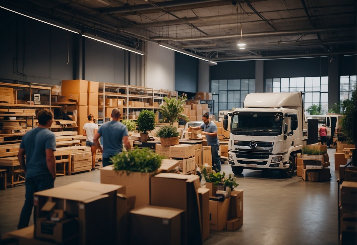 A bustling furniture shop with customers browsing, delivery trucks unloading, and staff arranging displays