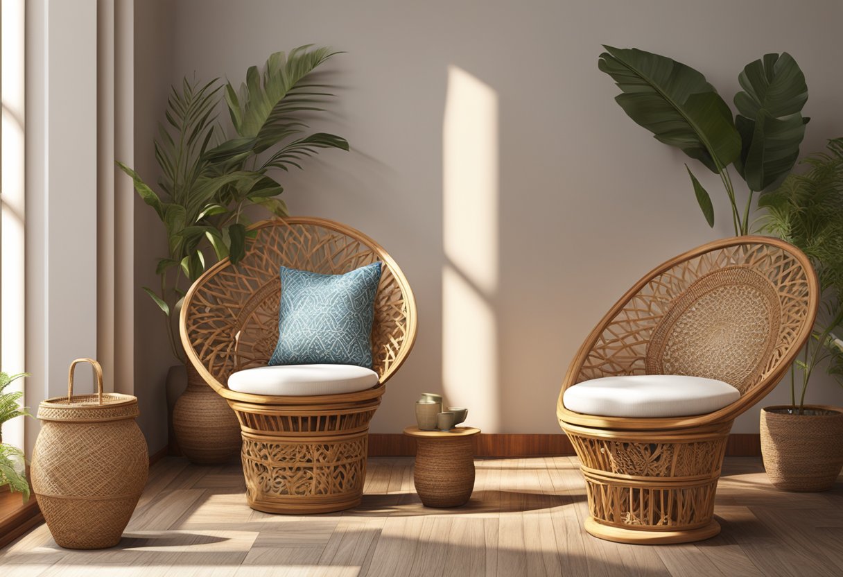 A traditional Indonesian wooden chair sits in a sunlit room, surrounded by intricately carved teak tables and handwoven rattan baskets