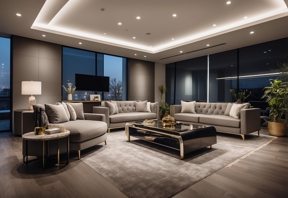 A spacious showroom with modern and elegant furniture displays. Bright lighting highlights the sleek designs and high-quality materials