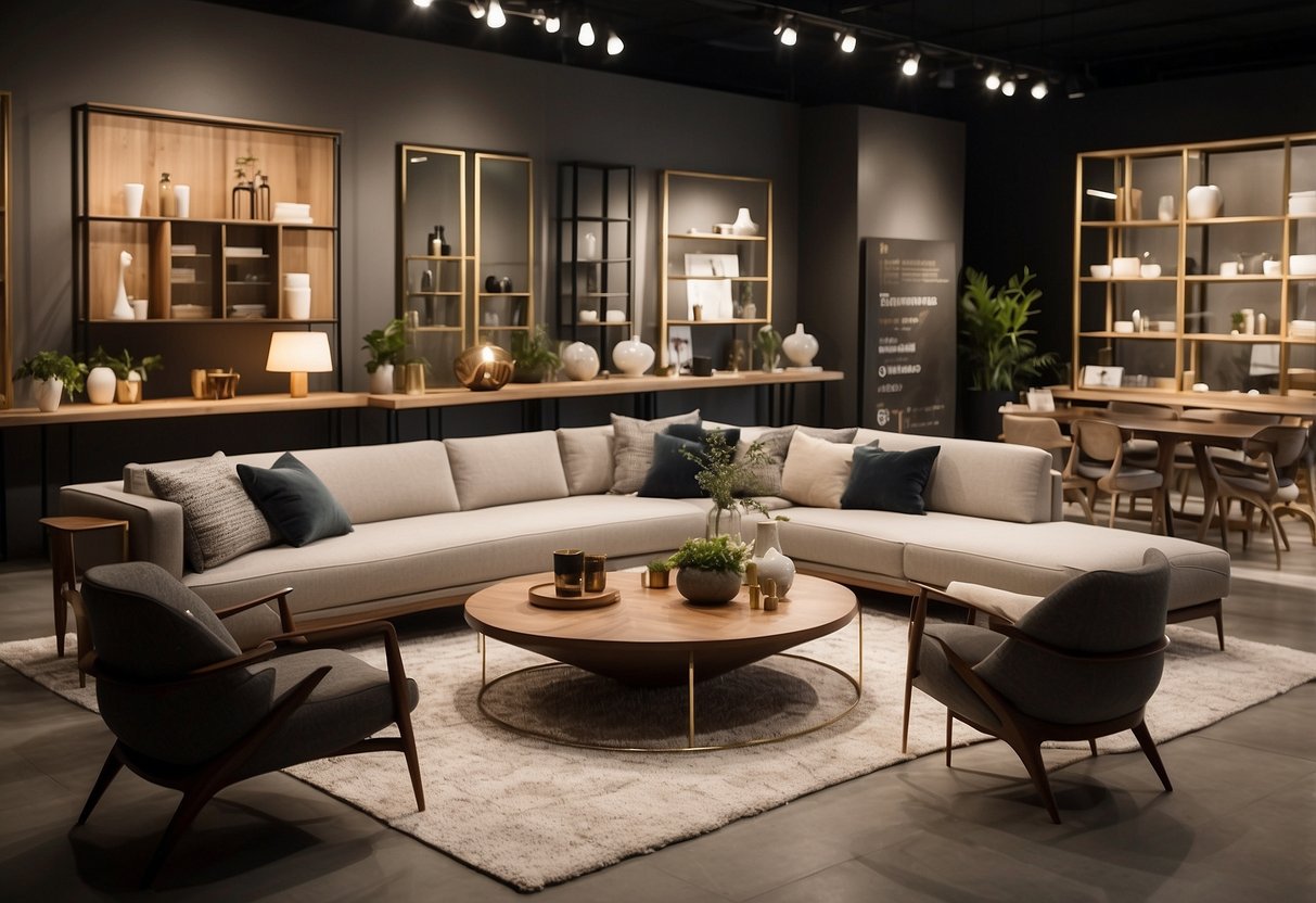 LIM furniture's sleek, modern designs fill a spacious, well-lit showroom, with customers engaged in conversations and browsing products