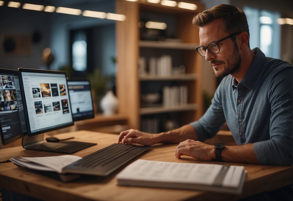 A customer browsing a FAQ page on a computer, with a stack of furniture catalogs nearby