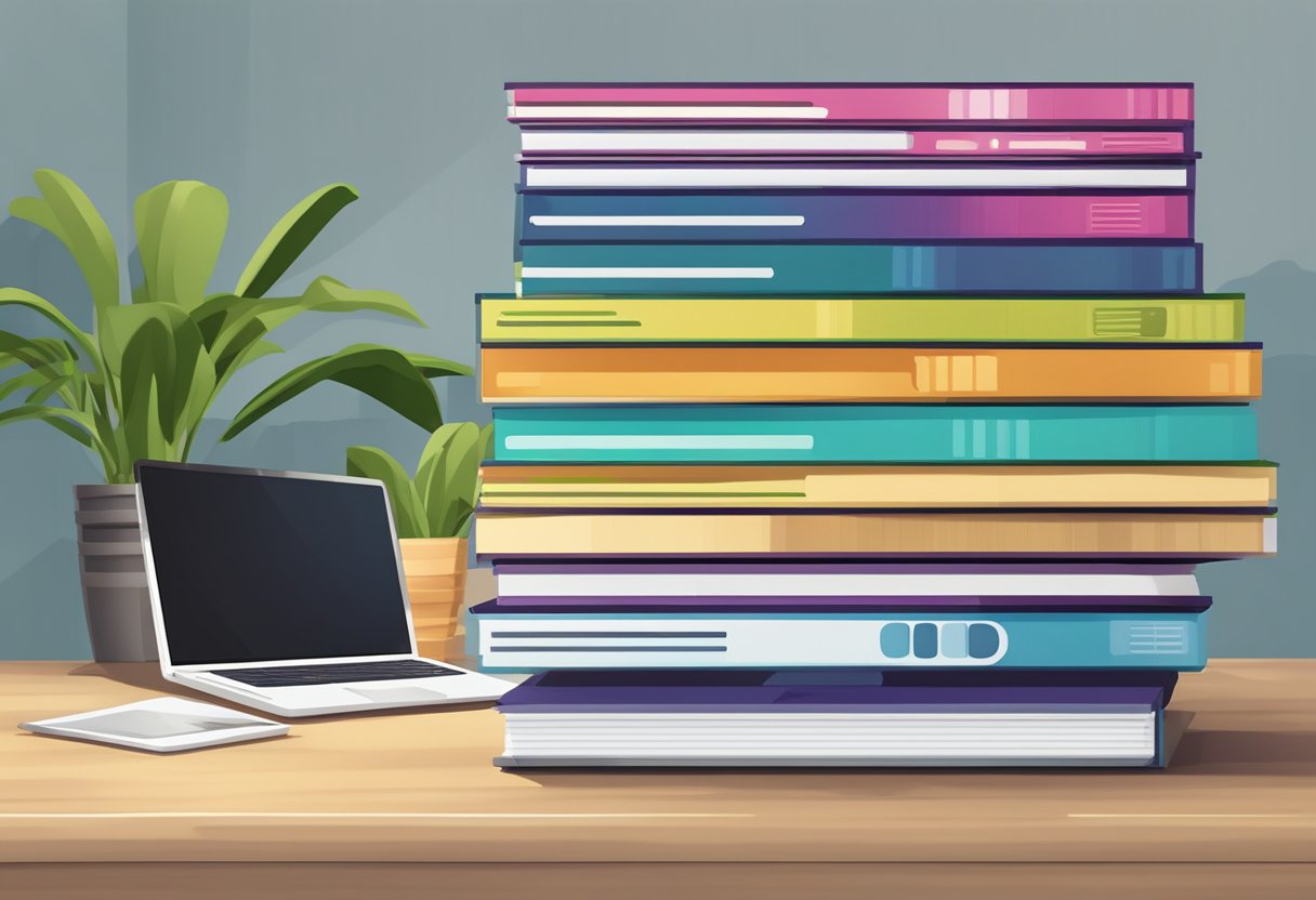 A stack of colorful brochures and a laptop with "Frequently Asked Questions Indonesia Furniture" displayed on the screen