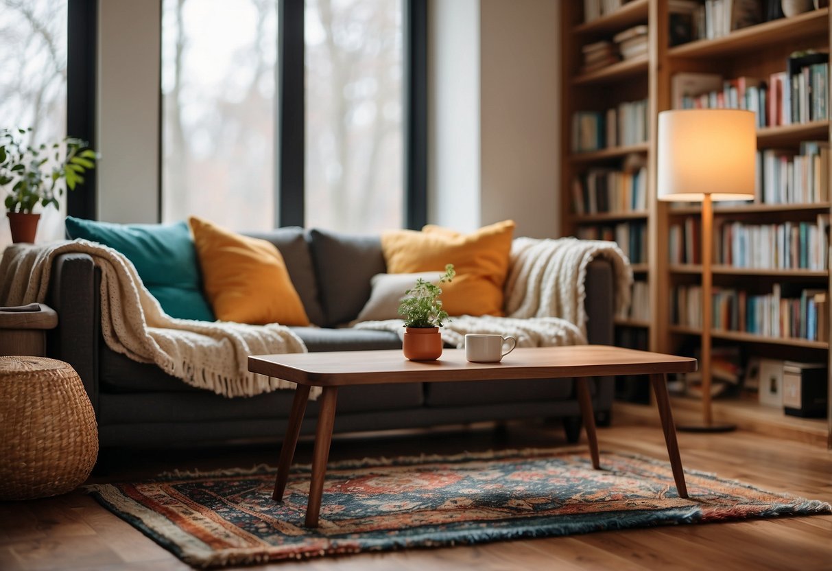 A cozy basement with a low-slung sofa, a colorful area rug, and a small coffee table. A bookshelf against the wall holds a few well-loved books, and a soft throw blanket is draped over the arm of the sofa