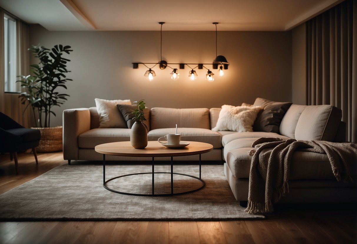 A cozy basement with stylish furniture, warm lighting, and soft textures. A comfortable seating area with a plush rug and a coffee table for relaxation