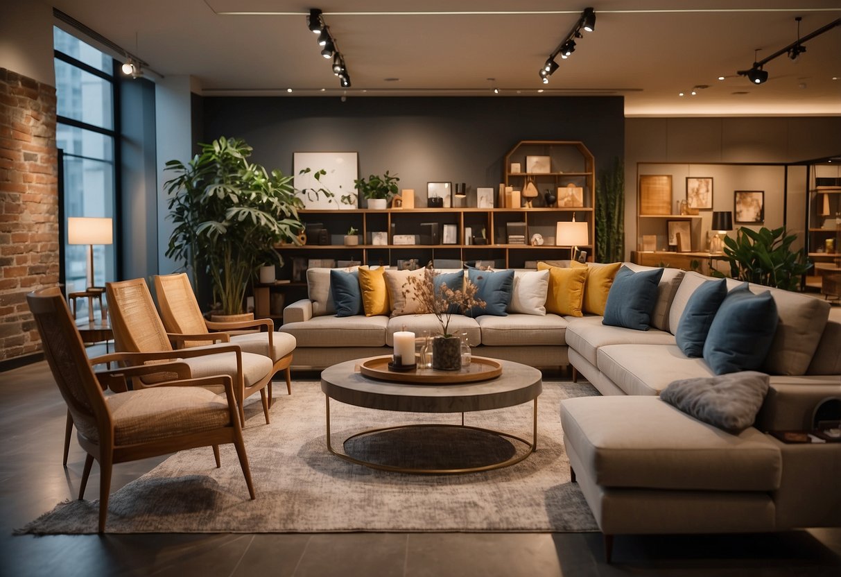 A spacious furniture shop with modern displays and warm lighting. Various pieces of furniture are arranged neatly, with a cozy seating area in the center