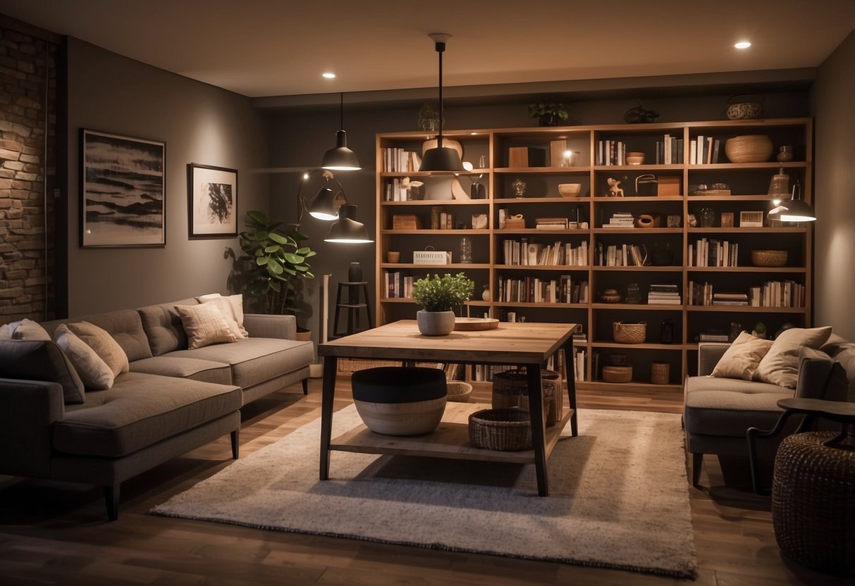 A cozy basement with low-profile furniture, shelves, and a small rug. A lamp provides warm lighting, and a bookshelf holds various items