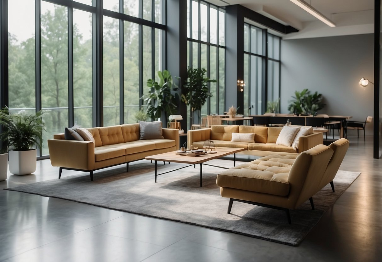 A spacious showroom with modern furniture displayed in each room. Bright lighting and clean, minimalist design