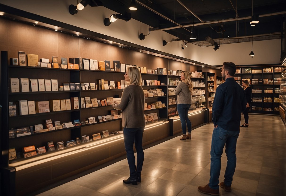 Customers browsing shelves, staff assisting, logo displayed, products labeled, signs with FAQs, cozy atmosphere, modern design, warm lighting