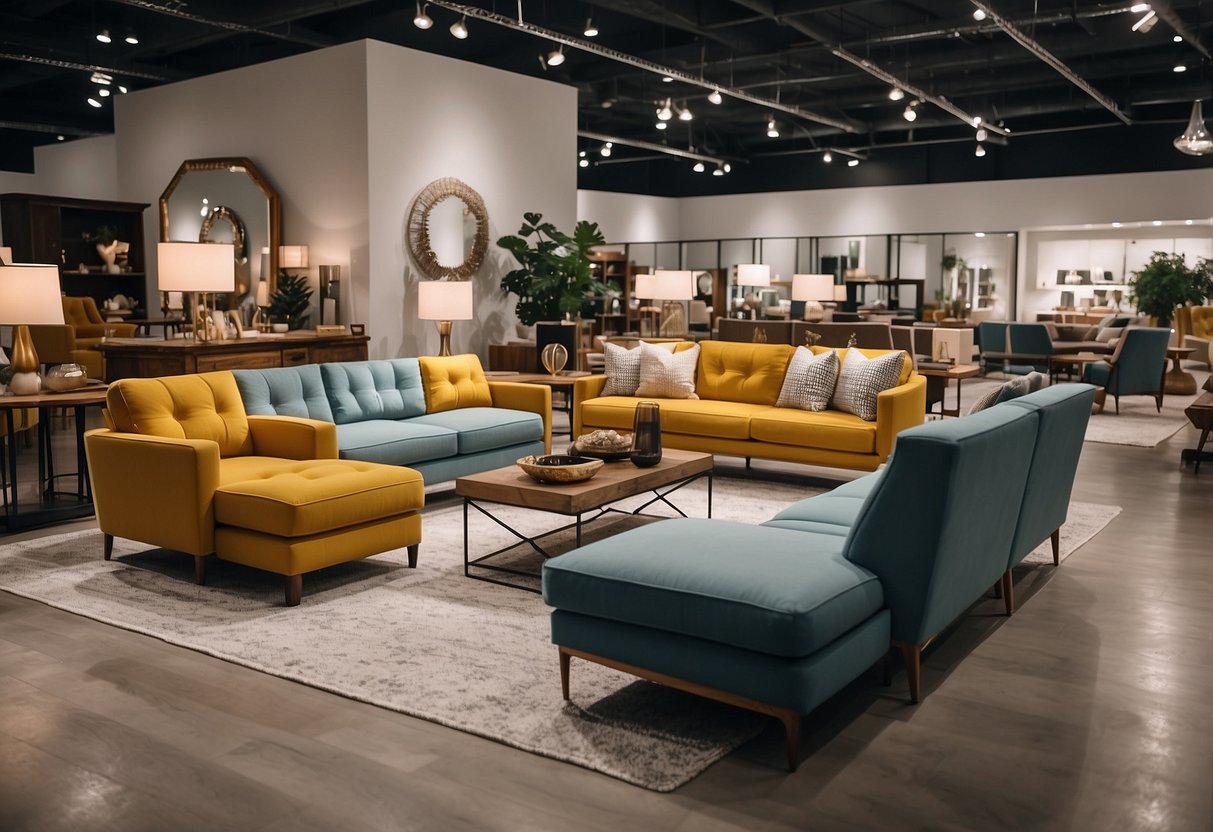 A spacious showroom with rows of modern and classic furniture displays. Bright lighting and clean, organized aisles invite customers to explore Mega Furniture's diverse collections
