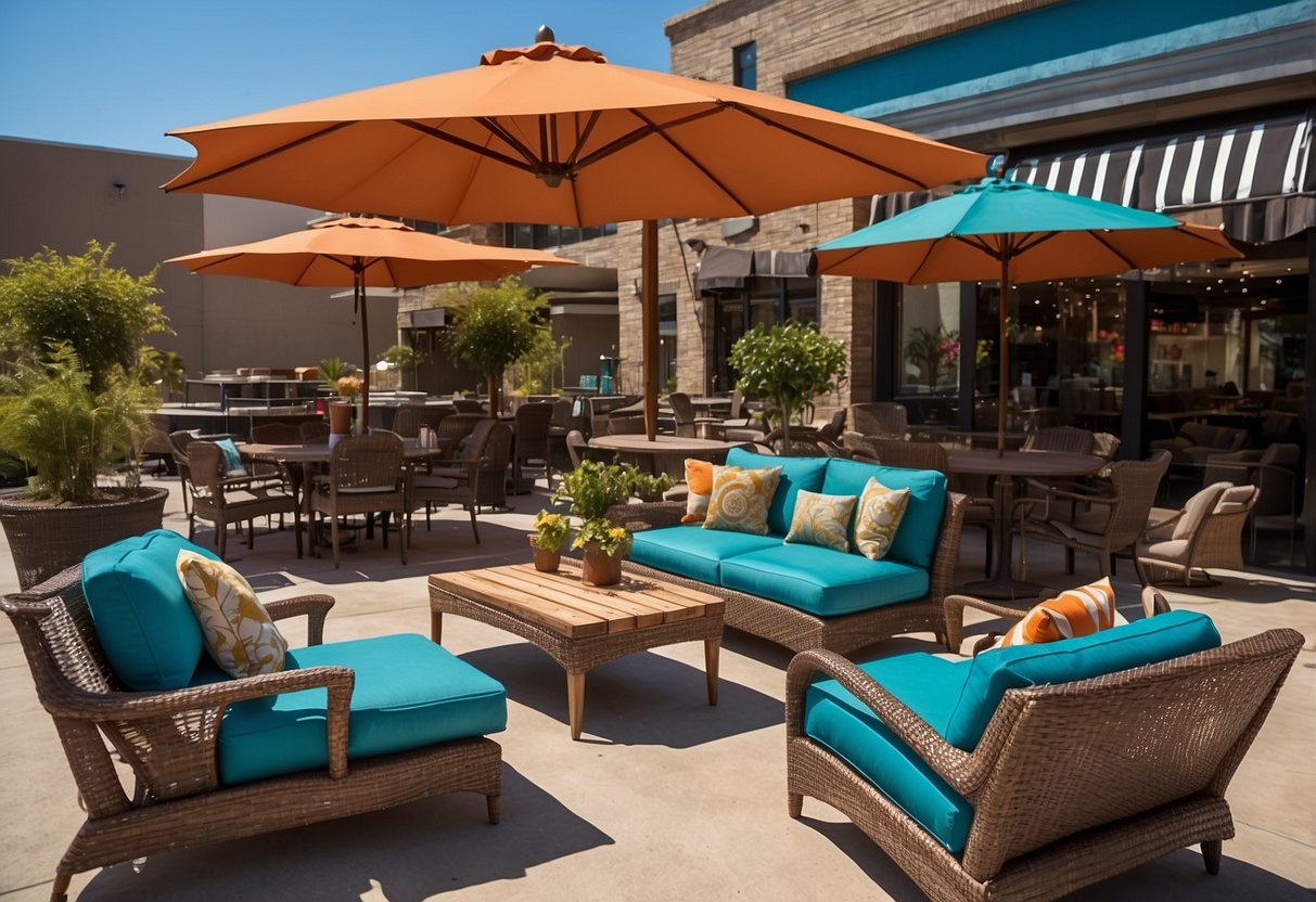 Outdoor furniture stores showcase various patio sets and decor. The display includes umbrellas, loungers, and dining sets. The storefront features vibrant colors and an inviting ambiance