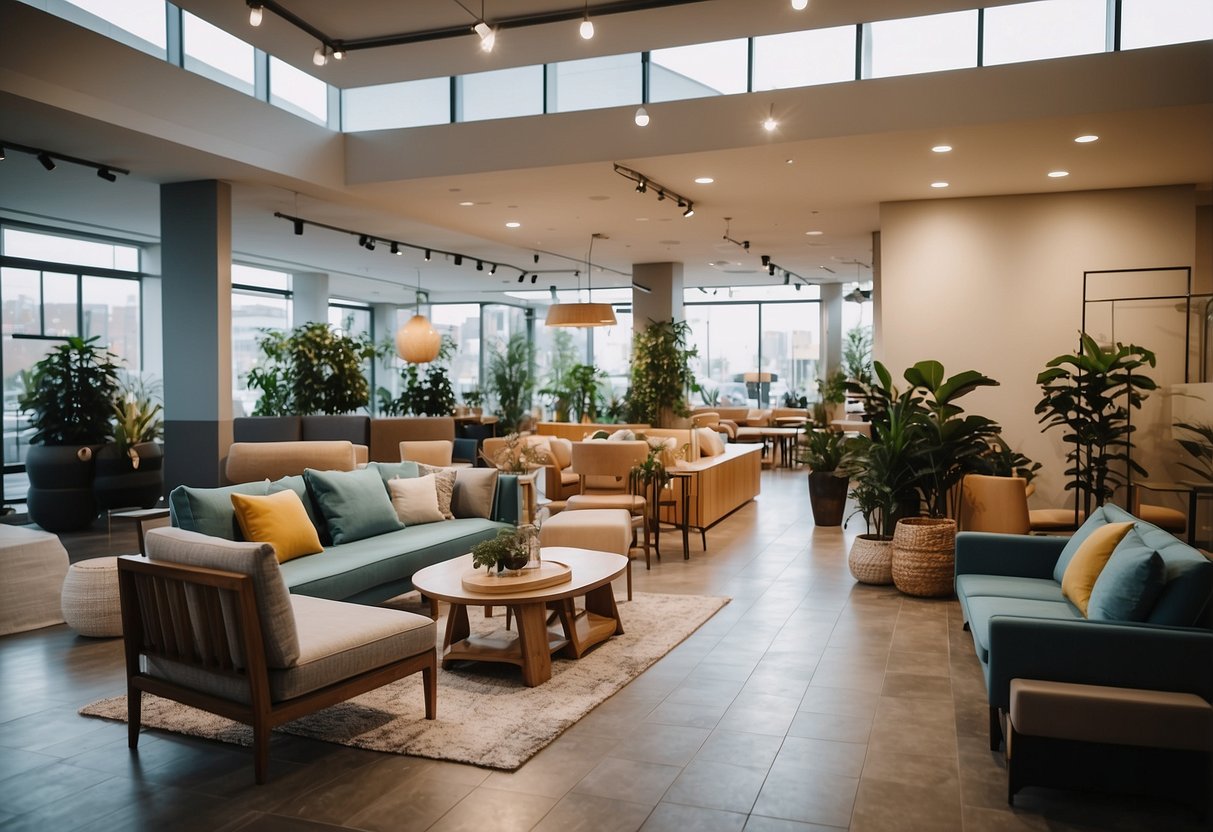 A spacious, bright showroom with modern furniture displays, friendly staff assisting customers, and a cozy lounge area for relaxation