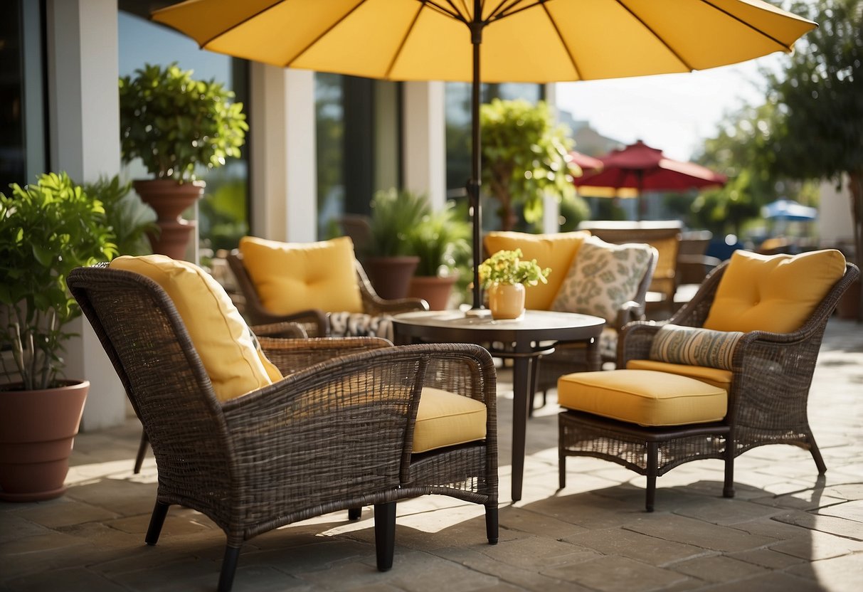 A sunny patio with a variety of outdoor furniture displayed in an open-air showroom at a furniture store. Sunshine highlights the vibrant colors and textures of the chairs, tables, and umbrellas