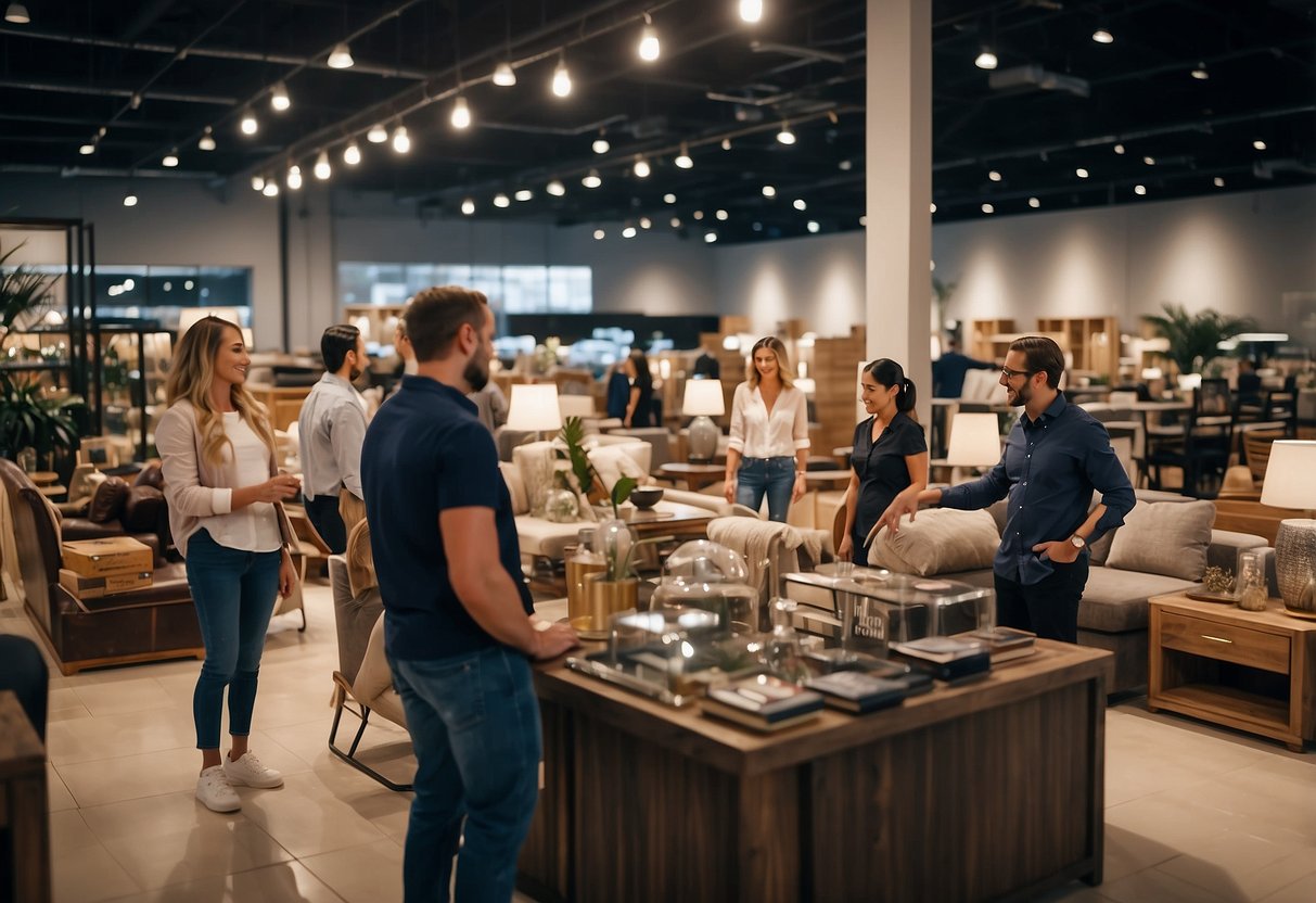 A bustling mega furniture store with customers browsing, staff assisting, and a large display of merchandise