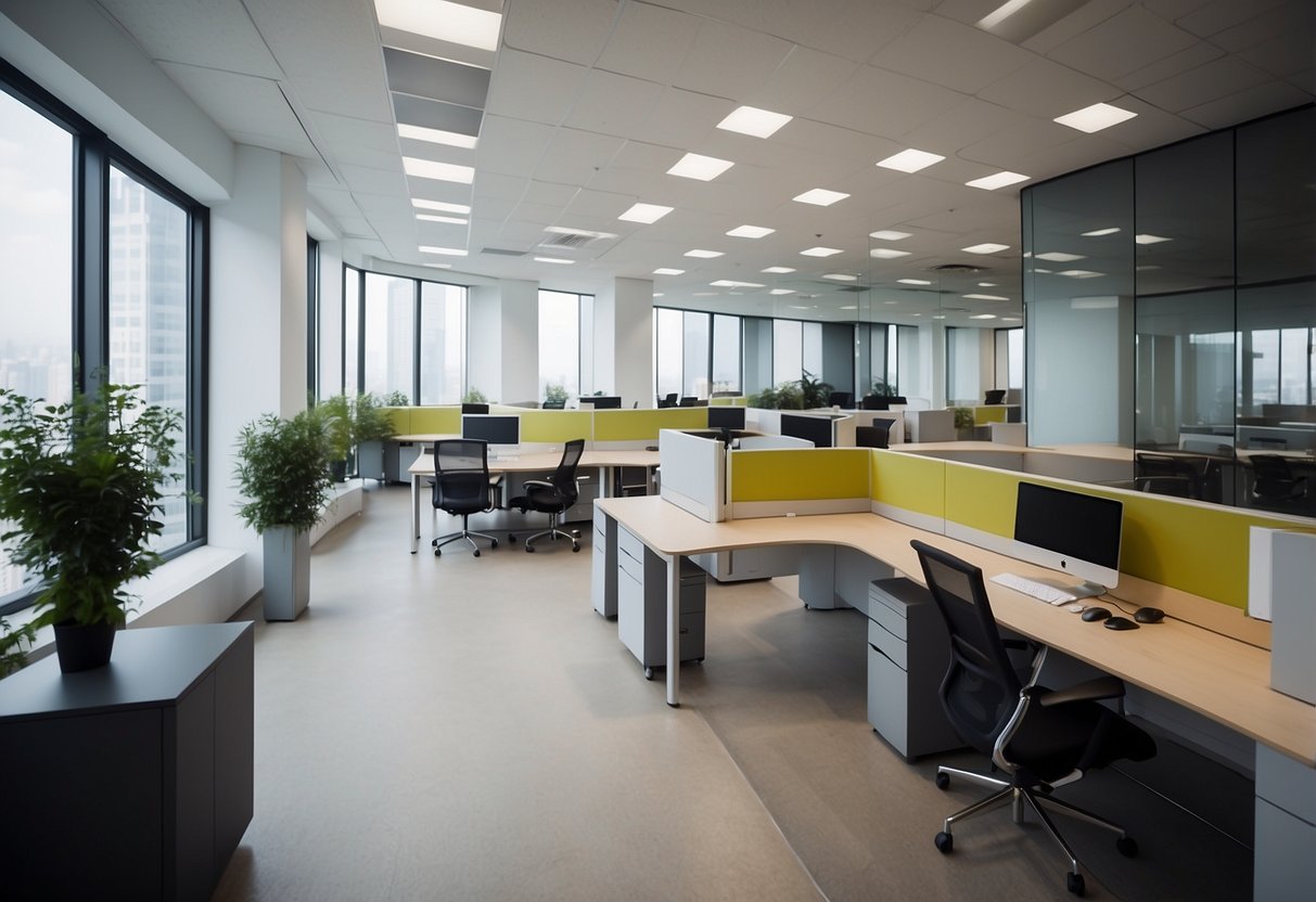 A modern office space with sleek, modular furniture arranged in a clean and minimalist design, creating an open and functional work environment