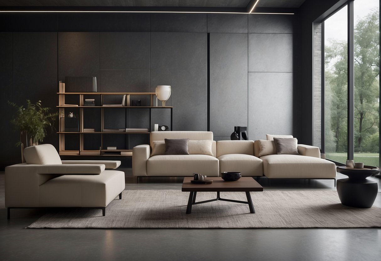 A sleek, modular furniture system with clean lines and minimalist design. Various pieces can be arranged and rearranged to create different configurations