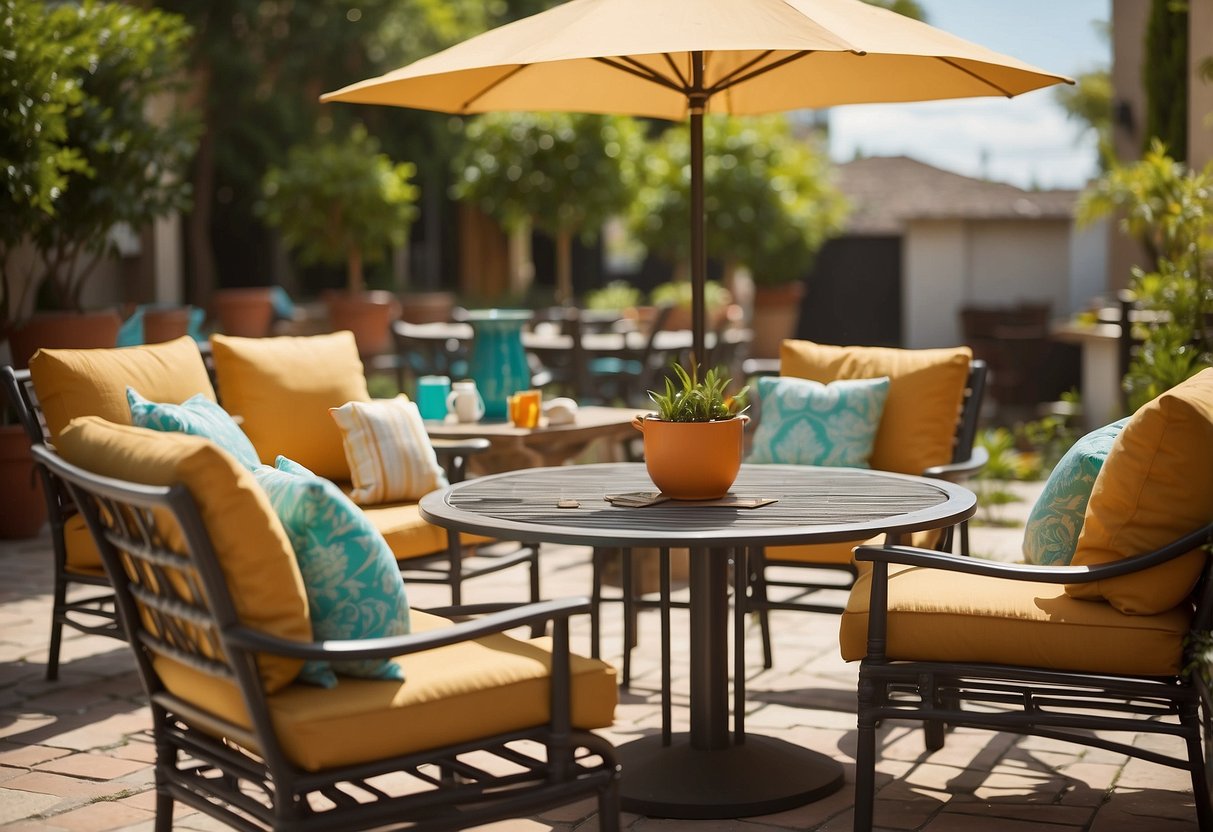 A sunny patio with a variety of outdoor furniture, including tables, chairs, and umbrellas. The furniture is arranged neatly, with colorful cushions and decorative accessories
