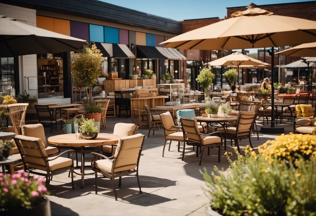 A bustling outdoor furniture store with customers browsing, staff assisting, and colorful displays under a bright, sunny sky