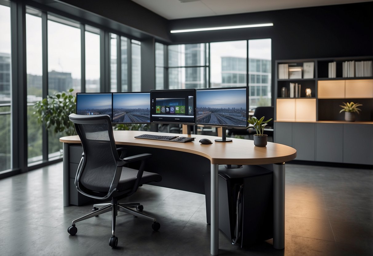 A customer sits comfortably at their desk, surrounded by sleek and modern Solos system furniture. The clean lines and ergonomic design create a stylish and functional workspace